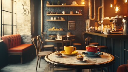 A vintage café with a round table, two colorful coffee cups, and pastries, set against a warm, dimly lit interior with retro furnishings.
