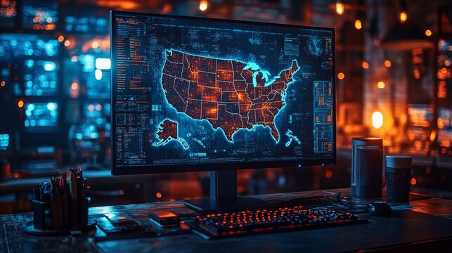 Digital art display of a detailed map of the United States with data visuals in a creative workspace