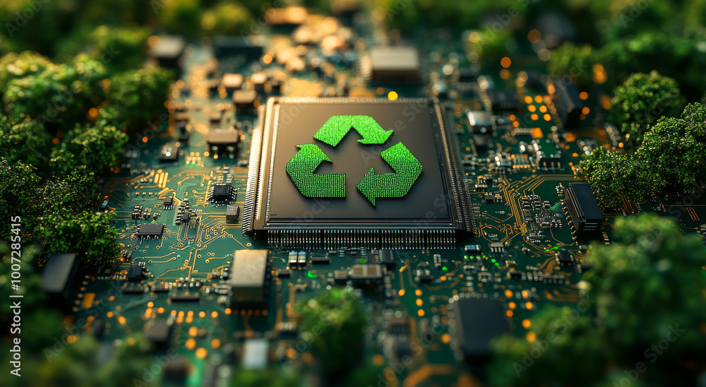 Poster a computer chip with a green recycling symbol on it. the chip is surrounded by trees and is green in