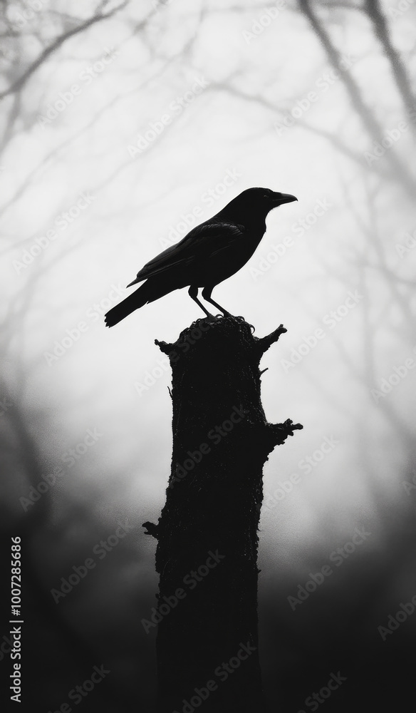 Poster a black and white photo of a crow perched on a tree branch. the image has a moody and mysterious fee