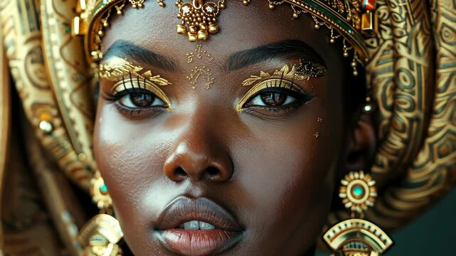 A close-up portrait of a woman with a golden headpiece and makeup