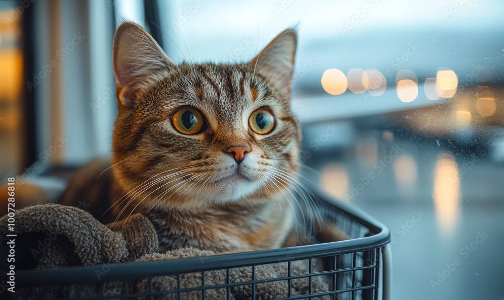 Poster a cat is sitting in a basket with a blanket. the cat is looking at the camera with a curious express