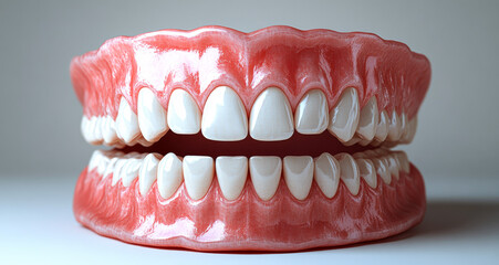 Obraz premium A close up of a fake tooth with a pinkish hue. The tooth is white and has a pinkish tint to it