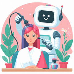Robot dyes woman hair toning hairdresser, AI
