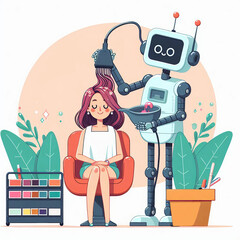 Robot dyes woman hair toning hairdresser, AI