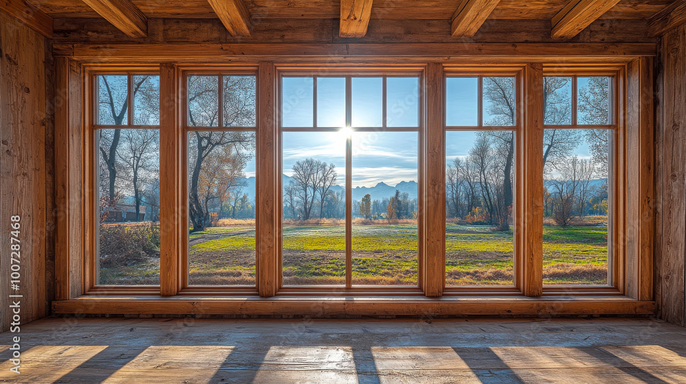 Poster a large window in a house with a view of a field. the sun is shining through the window, creating a 