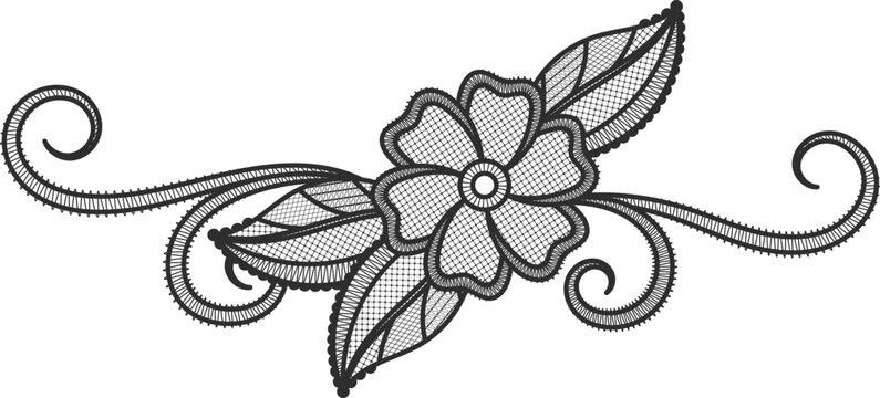 Lace flower element. Black textile ornate embroidery