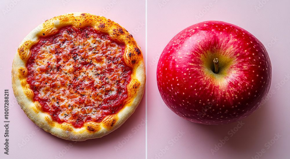 Poster a slice of pizza and an apple side by side. the pizza slice is covered in cheese and tomato sauce, w