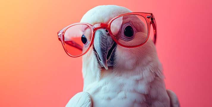 A white parrot wearing red glasses. The parrot is looking at the camera. The image has a playful and lighthearted mood
