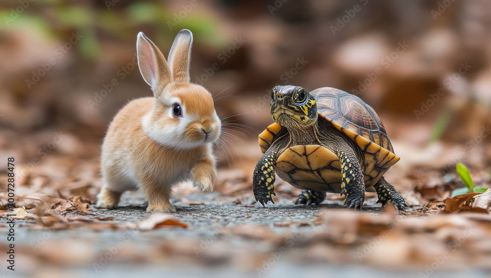 Aufkleber a rabbit and a turtle are standing next to each other, with the rabbit looking at the turtle and the