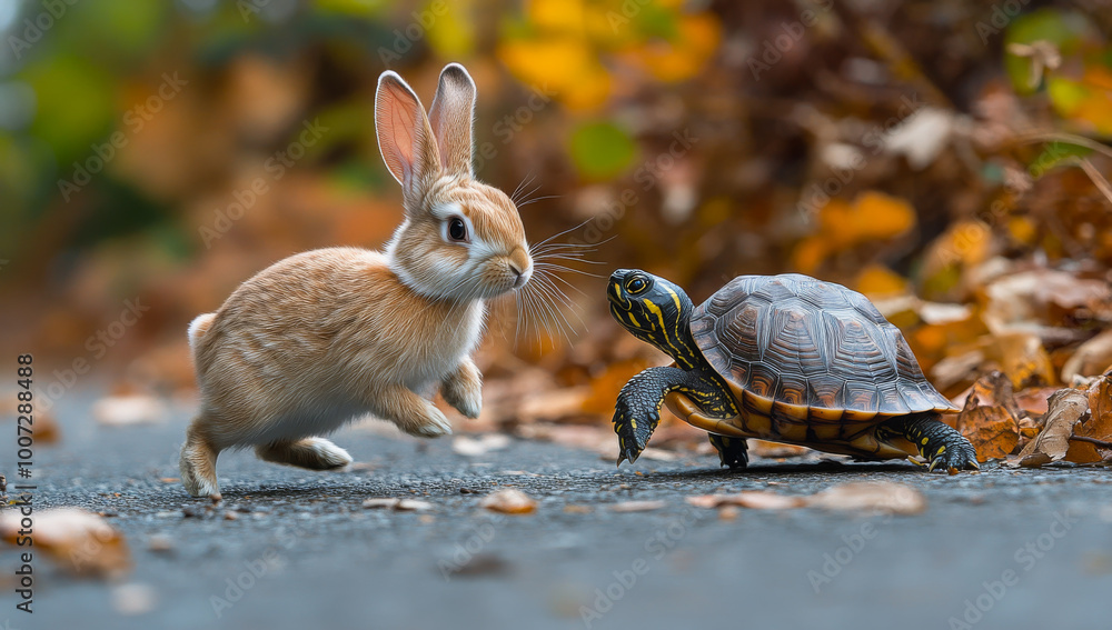 Poster a rabbit and a turtle are playing together. the rabbit is running away from the turtle. the scene is