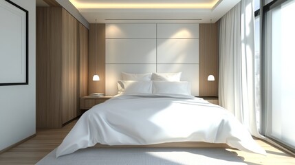3D rendering modern minimal interior bedroom design and decoration with white bed and bedding sheet, built-in wall panel, wooden floor.