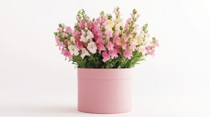 Stylish pink snapdragons in a pink hat box on a clean white background