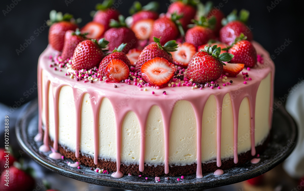 Poster a cake with pink frosting and strawberries on top. the cake is on a black plate. the strawberries ar