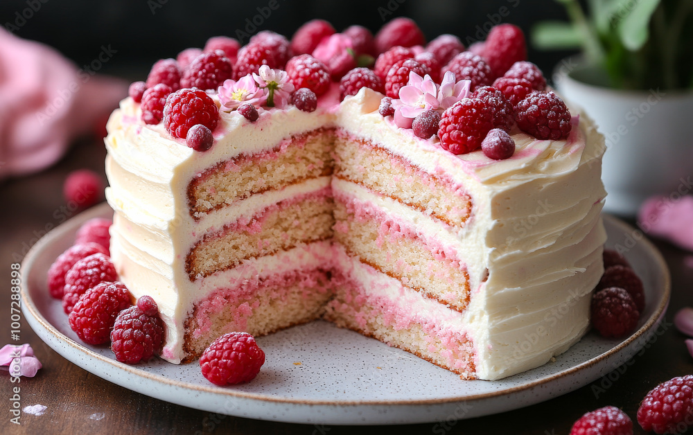 Poster a slice of cake with pink frosting and raspberries on top. the cake is cut in half and has a raspber