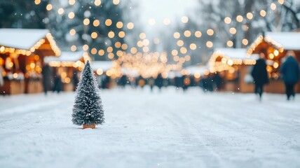 Snow-covered Christmas market with festive lights, people enjoying the holiday spirit, deep depth of field capturing the scene , winter is coming