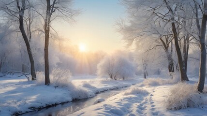 Obraz premium Winter Solstice, soft hues of blue and white, snow-covered landscape, gentle sunlight filtering through trees