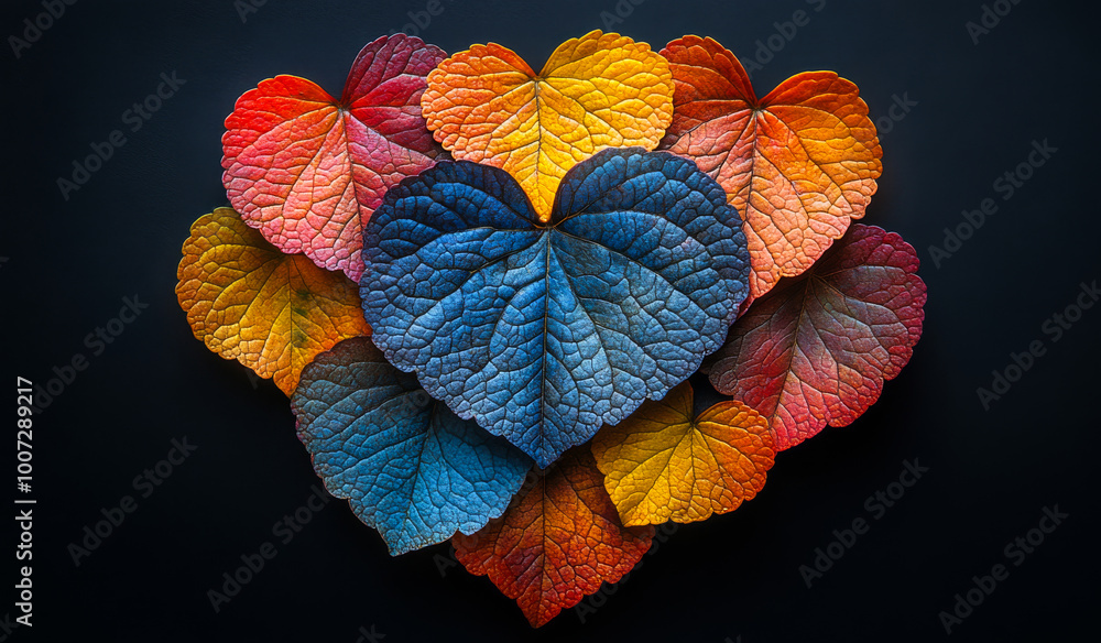 Aufkleber a collection of colorful leaves arranged in a heart shape. the leaves are of different colors and si