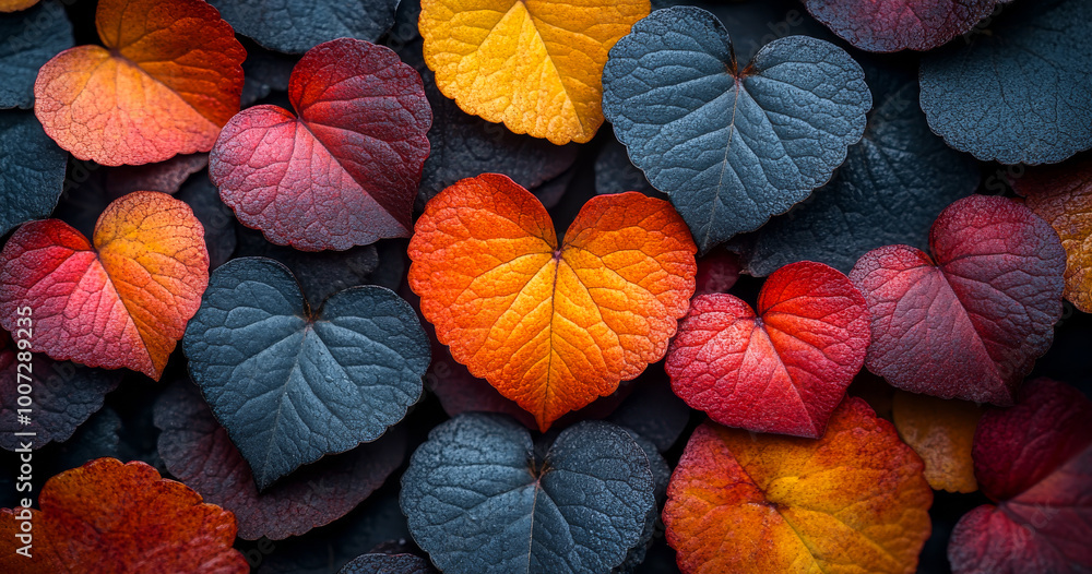 Poster a collection of leaves with hearts in the middle. the leaves are of different colors and sizes, and 