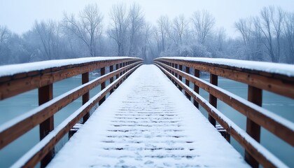 Obraz premium Snow-covered bridge over a frozen river, trees frosted in the background, long view with deep depth of field, winter stillness