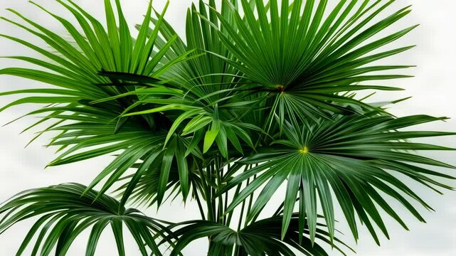 A large, green palm tree with long, thin leaves stands against a white background