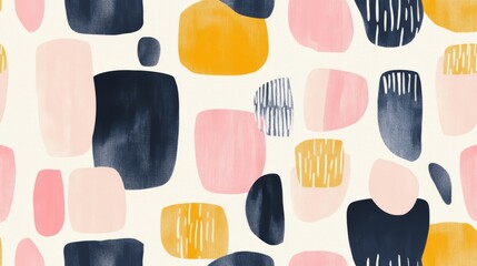 A seamless pattern featuring pastel pink, yellow, and navy blue shapes, harmonizing in soft hues.