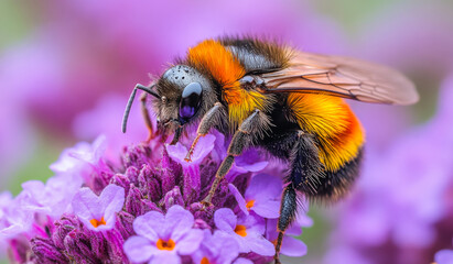A bee is on a purple flower. The bee is orange and black
