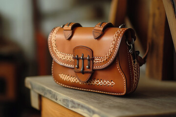 Leather bag craft on wooden table. generative AI