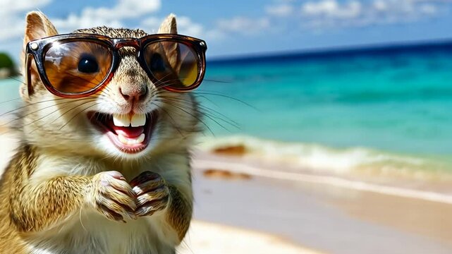 Squirrel Enjoying a Sunny Day at the Beach With Sunglasses On Generative AI