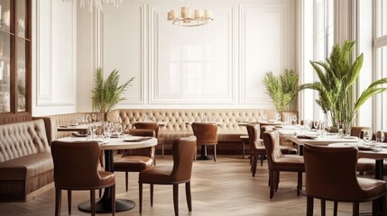 Interior of stylish restaurant with white walls, wooden floor, comfortable round tables with brown chairs, and cozy beige sofas. 3D rendering. 