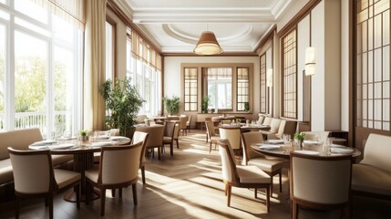 Fototapeta premium Interior of stylish restaurant with white walls, wooden floor, comfortable round tables with brown chairs, and cozy beige sofas. 3D rendering. 