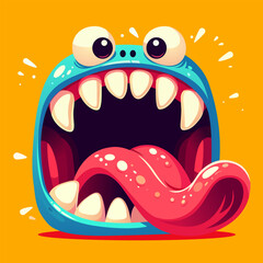 Monster face with mouth closeup, teeth and tongue. Monster mouth with tongue. Monster square avatar. Face of a scary and horror screaming monster for Halloween on orange background. Funny monster face © Nataliia