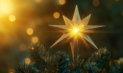 Christmas star topper shining brightly at the top of a tree, with multiple layers of shimmering light radiating outwards