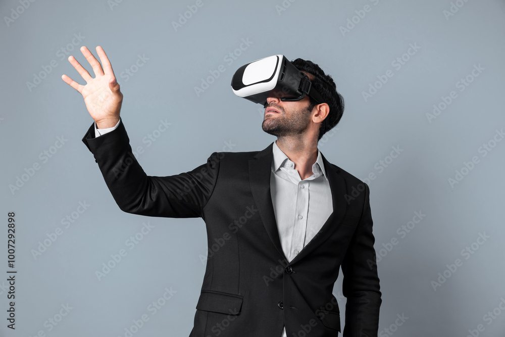 Aufkleber smart business man with suit holding something while vr goggle to connect metaverse. professional pr