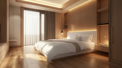 Modern minimal bedroom interior design and decoration with white bed and bedding sheet, built-in wall panel, wooden floor. 3D rendering mockup, hotel guest room. --
