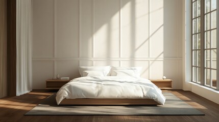 Modern minimal bedroom interior design and decoration with white bed and bedding sheet, built-in wall panel, wooden floor. 3D rendering mockup, hotel guest room. --