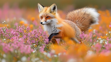 Fototapeta premium Red Fox in a field of colorful wildflowers, wildlife photography