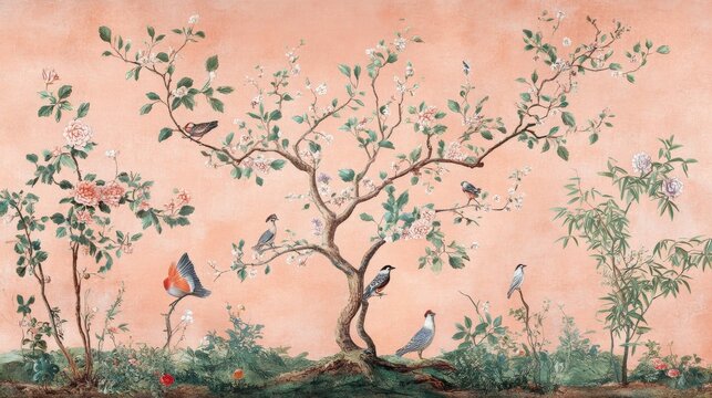 Origin Murals Chinoiserie Floral Tree Wall Mural in Peach Background. Animals and Birds. --a