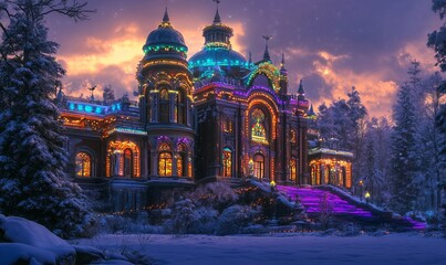 Obraz premium A beautifully lit historic building, showcasing intricate architecture, adorned with colorful lights and surrounded by a thick layer of snow, set against a deepening twilight.