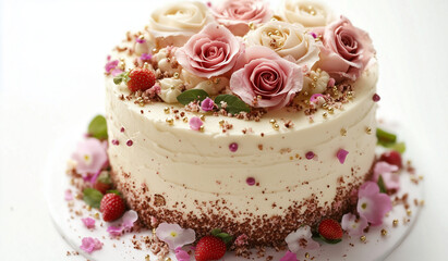 White cream cake with chocolate crumbs and pink petals, and roses, it is surrounded by colorful sugar beads and cream convolvulus gold foils around the  strawberries, and mint leaves, White background