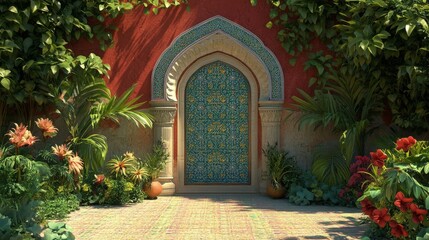 Fototapeta premium Traditional Mughal decorative wall with plants and peacock, Flowers, Mughal Arch. 