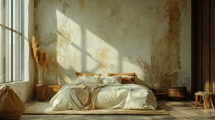 Wabi Sabi Interior Bedroom Wallpaper Mockup. 