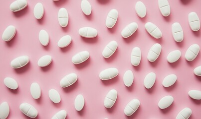 A collection of scattered white pills is placed on a soft pink surface for contrast