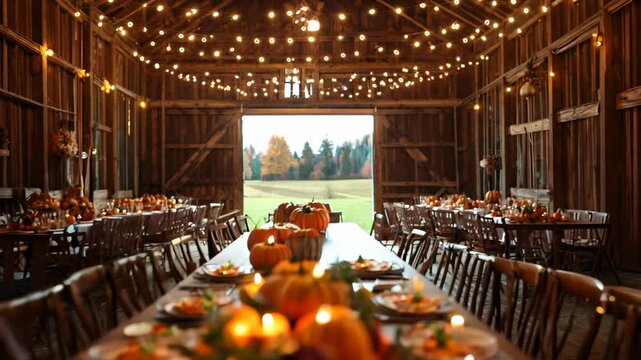 Rustic barn set up for a Thanksgiving celebration, featuring string lights and long wooden tables, captured with a dreamy, soft-focus effect.