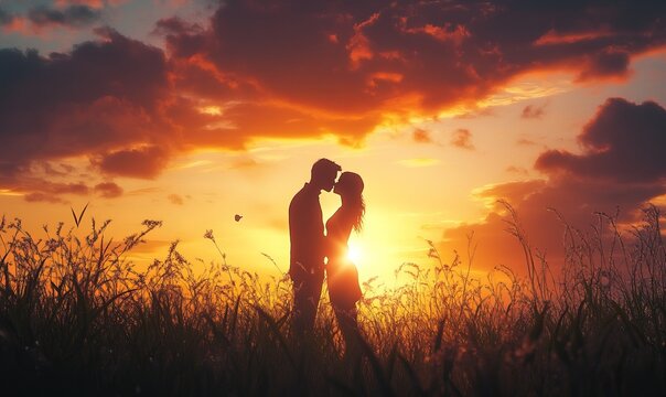 A couple kiss under a bright sunset, marking World Kissing Day with a moment of love - Powered by Adobe