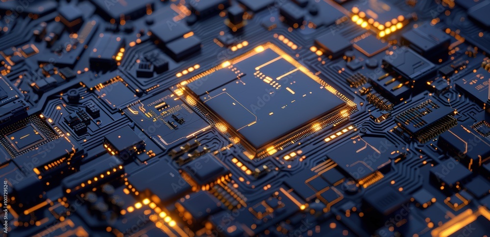 Poster high-tech chip on circuit board, close-up of computer chips and technology concept background. dark 