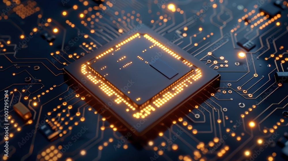 Poster high-tech chip on circuit board, close-up of computer chips and technology concept background. dark 