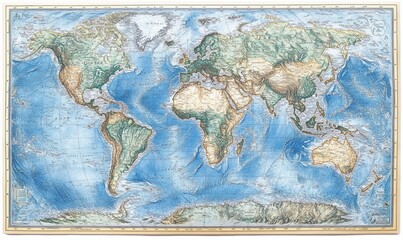 A high-resolution topographic world map detailing continents, displaying physical features such as mountains, rivers, and oceans, ideal for geographic and educational purposes