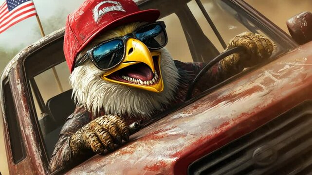 Patriotic Bald Eagle Drives an Old Truck Through Rugged Terrain Generative AI