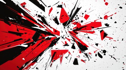 Shattered glass explosion in red, black, and white abstract design